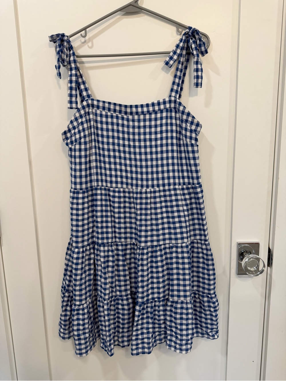 Pink Lily Blue Gingham Tie-Shoulder Tiered Dress
